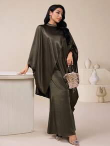 Veilorie Women's Solid Color Stand Collar Batwing Sleeve Loose Elegant Arabic Dress