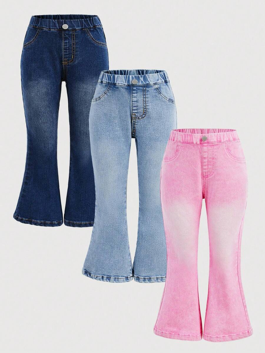 SHEIN 3件套少女Y2K牛仔打底裤,粉色、藏蓝色、浅蓝色可选,适合秋季、冬季休闲时尚度假穿着,2000年代风格,万圣节牛仔裤,圣诞节,喇叭裤型 - 彩色 - 查看 1