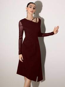 Poshira Women's Asymmetric Cold-Shoulder Elegant Formal Dress, Slim Fit Cocktail Party Black Gown - Burgundy - View 7