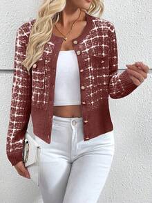 EMERY ROSE Women's Elegant Plaid Pattern Contrast Trim Button-Up Cardigan, Suitable For Work Commute, Autumn - Rust Brown - View 5