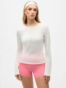 Eassivo Eassivo 女式纯色圆领长袖休闲健身运动T恤 - 白色 - 查看 3