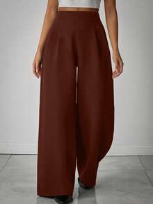 EURMUSE Quần ống rộng xếp ly màu trơn dành cho nữ - màu nâu - Xem 3
