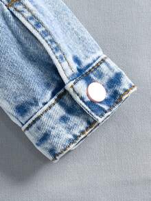 SHEIN 2pcs/Set Young Girl' Blue Denim & Pink Button Collar Long Sleeve Short Jacket And Mini Skirt - Light Wash - View 8