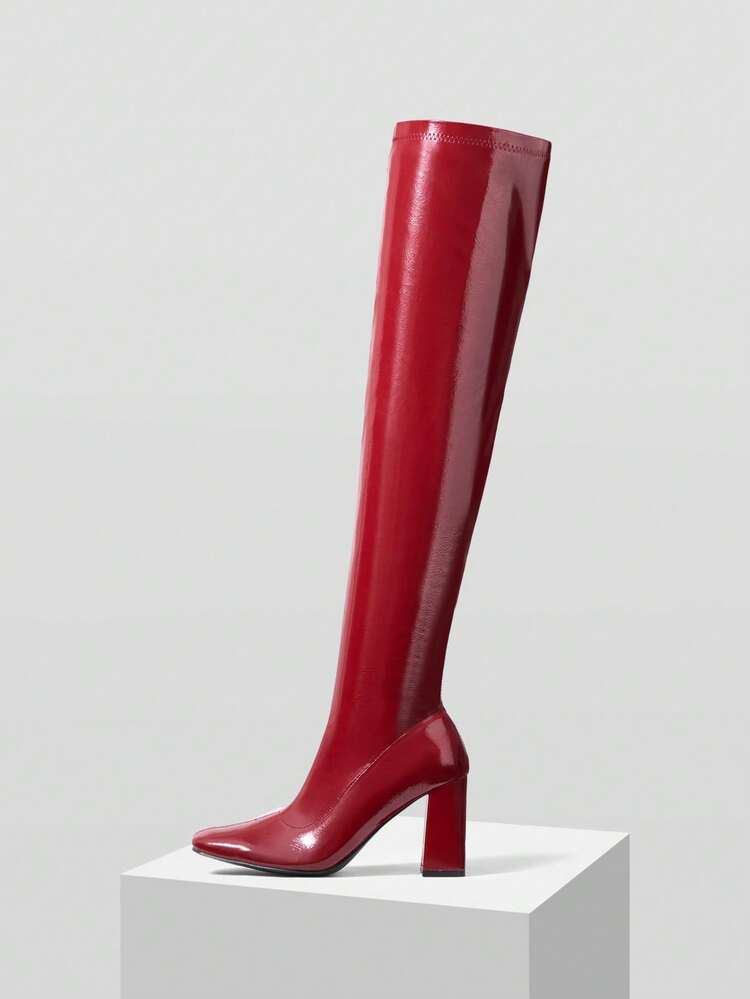 CHUNKY HEEL PU LEATHER TOE SUEDE OVER-THE-KNEE BOOTS, SLIMMING & ELONGATING LEGS