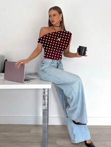 Siren Gaze 女士休闲优雅不对称褶饰短款上衣，适合夏季，适合日常穿着 - 酒紅色 - 查看 6