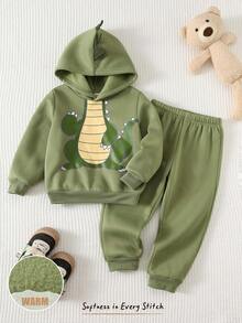 Cozy Pixies 2 件套幼儿男童卡通恐龙图案针织柔软连帽卫衣和松紧腰裤套装 - 綠色 - 查看 5