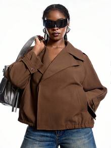 LYSMO Plus Size Brown Herringbone Plus Size Short Windbreaker, Autumn/Winter - Brown - View 5