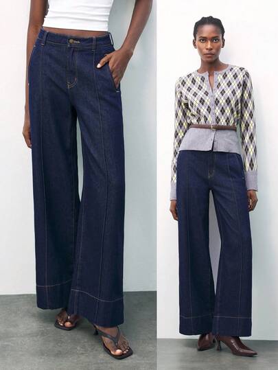 Maija 女士深蓝色直筒牛仔裤，复古富贵风格，秋冬季办公室穿着，派对牛仔裤