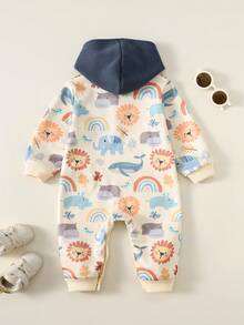 SHEIN Newborn Baby Unisex Cute Cartoon Pattern Knitted Hooded Jumpsuit, Autumn/Winter Baby Clothes - Multicolor - View 2