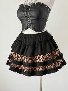 Sunspun 加大码朋克豹纹黑色荷叶边下摆可爱 Y2K 超短 A 字裙，休闲优雅，适合秋冬 - 黑色 - 查看 7