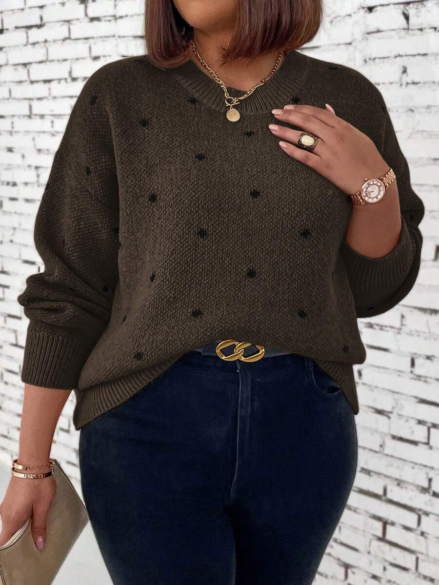 EMERY ROSE Plus Size Casual Polka Dot Pattern Round Neck Drop Shoulder Sweater, Autumn/Winter - Multicolor - View 1