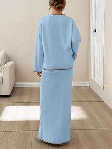 SHEIN Women Stitch Detailed Round Neck Drop Shoulder Pullover & Sweater Skirt Set - Baby Blue - View 2