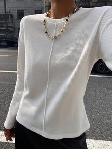 DAZY Áo thun dài tay cơ bản thời trang công sở thoải mái, rộng rãi cho nữ, thiết kế chắp vá, mùa thu - trắng - Xem 7