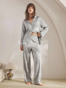 Ocili 缎面提花极简抽象舒适翻领长袖上衣和裤子女士睡衣套装，时尚秋季睡衣，秋冬服装 - 卡其色 - 查看 6