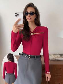 Elyressa Women's Elegant Wine Red French Twist Metal Button Long Sleeve Pleated Waist T-Shirt,Casual Autumn T-Shirt For Party,Daily Wear,Holiday,Christmas - Red - View 3