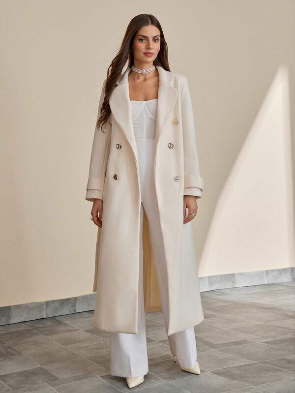 CLARA VERO Elegant Long White Wool Blend Coat For Women – Double-Breasted Maxi Overcoat With Gold Buttons And Belt, Classic Chic Winter Trench, Designer-Inspired Formal Outerwear, Stylish Full-Length Wrap Jacket, Luxury Fashion Statement For Fall And Winter 2025