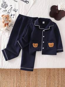 SHEIN Young Boy Navy Blue Quilted Texture Bear Pattern Collar Cardigan & Pants Pajama Set - Royal Blue - View 3