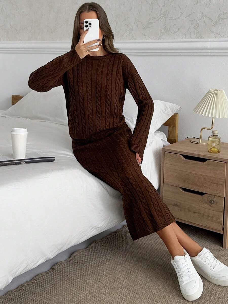 EURMUSE Women's Cable Knit 2 Pieces Set In Dark Brown With Regular Fit - Brown - View 1