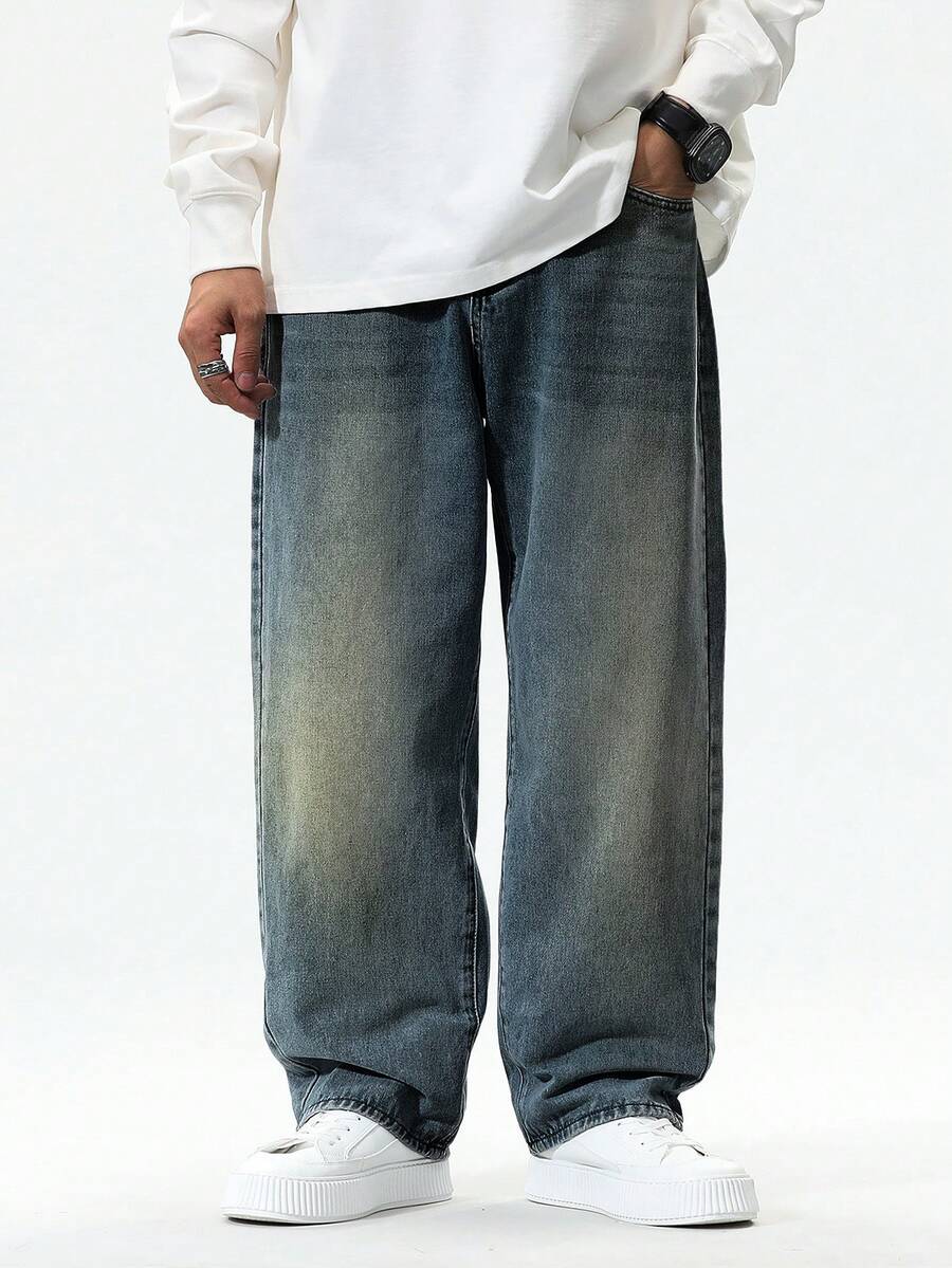 Chillumni 男士休闲做旧宽松斜口袋牛仔裤，秋季 - 中等水洗藍 - 查看 1