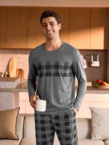 Manfinity Underwear&Sleepwear Basics 男士格子圆领长袖上衣和裤子睡衣套装，秋冬服装，圣诞节 - 深灰色 - 查看 4