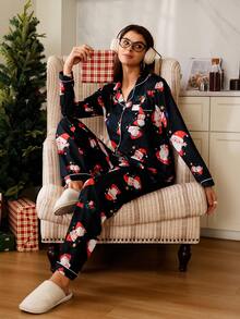 圣诞老人卡通印花长袖上衣和裤子睡衣套装，女士秋冬服装，圣诞节 - 黑色 - 查看 8