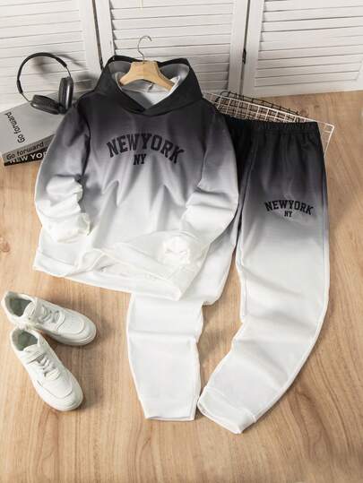 2pcs/Set Teen Boy Casual Ombre Letter Print Hoodie And Sweatpants Set, Autumn/Winter