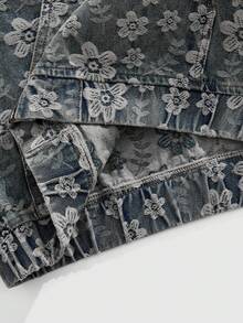 ROMWE MEN Street Life Men Fashionable Floral Retro Jacquard Hooded Denim Jacket, Fall - Blue - View 6