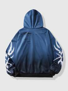 ROMWE MEN Street Life sweat-shirt à capuche zippé décontracté pour hommes avec manches longues, épaules tombantes, cordon de serrage et imprimé graphique - Noir - Voir 2