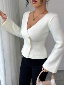 SHEIN Elenzya Fashionable Minimalist Button-Up Long Sleeve Knit Cardigan - White - View 4