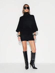 KIZN 高领长袖粗针织毛衣连衣裙迷你长款冬季秋季舒适套头衫 - 黑色 - 查看 3