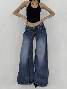 DAZY Women's Casual Washed Low Waist Wide Leg Jeans Y2k - Blue - View 5