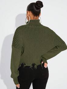 SHEIN SXY Suéter de punto de cuello alto sólido con mangas largas y efecto desgastado para salir en otoño/invierno - Verde militar - Ver 2