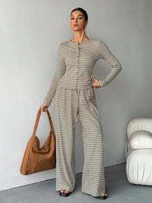 SHEIN Tall 2pcs Women Casual Striped Front Button Long Sleeve Top And Wide Leg Pants Set, Autumn - Multicolor - View 5
