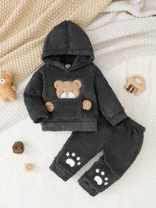 SHEIN Vintaside Kids 2pcs Pink Double-Sided Fleece Cute Bear Embroidered Set - Dark Grey - View 3
