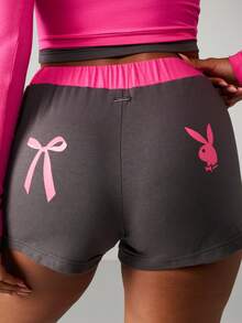 Missguided x Playboy Conjunto de ropa de estar en casa de doble capa, top corto de manga larga a juego con pantalones cortos para dormir, ropa de otoño