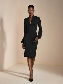 JIAN LASALA 黑色褶裥主教长袖V领优雅中长连衣裙，女士秋冬奢华时尚服饰系列，适合婚礼宾客穿着。 - 黑色 - 查看 5