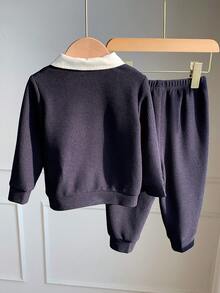 SHEIN 2 件套男婴可爱休闲拼色长袖运动衫和慢跑裤运动服套装，适合生日派对、狂欢派对、晚会、表演、婚礼、迎婴派对、1 岁生日庆祝、圣诞派对 - 彩色 - 查看 2
