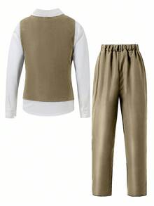 SHEIN Tween Boy Gentleman 2 Pieces Set: Vest With Chest Design + Trousers, No Shirt, No Accessories, Formal Outfit For Birthday Party, Evening Event, Wedding, Christening, Birthday, Wedding, Graduation - Khaki - View 2