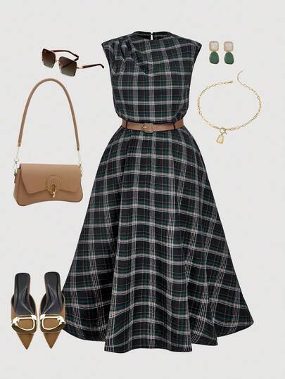 SHEIN MOD Plus Size Retro Elegant Green Plaid Waist Cinched Dress.Wedding Guest Dress Women Christmas Outfit