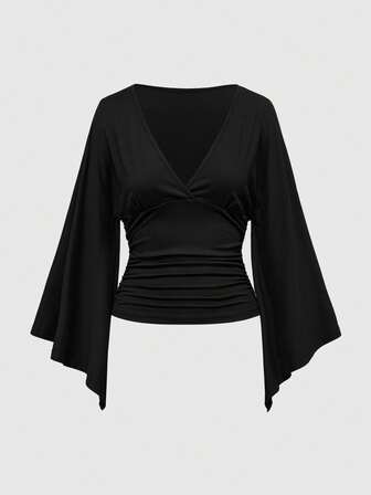 Y2K Retro Flare Sleeve Fitted Side Ruched T-Shirt