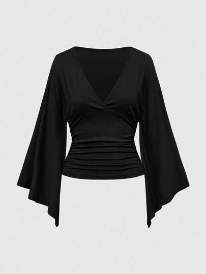 Y2K Retro Flare Sleeve Fitted Side Ruched T-Shirt