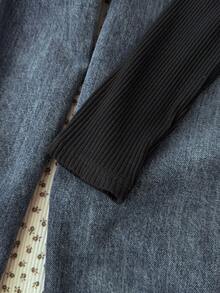 SHEIN 少女黑色针织条纹拼布高领长袖紧身衣