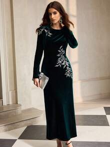 ZEYLAH Đầm Maxi thêu hạt cườm thanh lịch cổ tròn tay dài cho nữ, mùa thu/đông - Màu xanh lá cây đậm - Xem 6