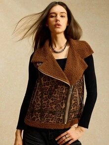Easelle Chaqueta sin mangas con cremallera y forro térmico con estampado de leopardo, ropa de otoño e invierno para mujeres - Multicolor - Ver 2