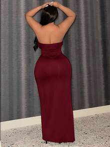 Slaydiva Đầm ôm sát xẻ cao màu trơn thanh lịch Slayr Plus dành cho nữ/Dành cho dịp Giáng sinh - Màu Đỏ Sâu - Xem 2