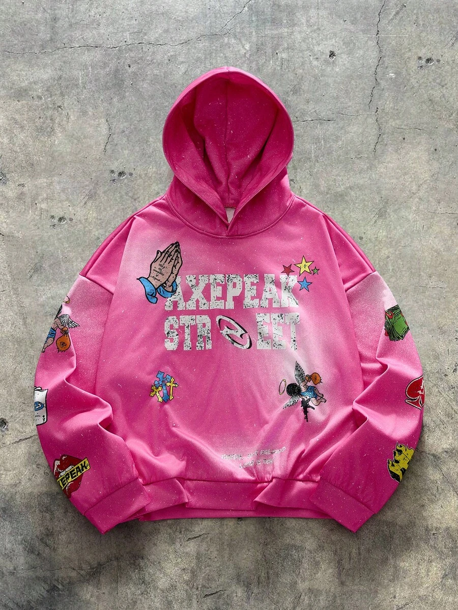 AXEPEAK Men's Letter & Cross Print Loose Fit Casual Hoodie Sweatshirt - Hot Pink - View 1