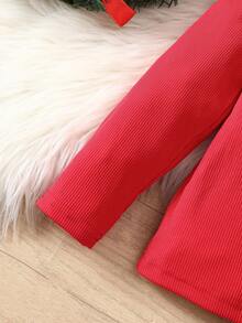 SHEIN Elladie kids Young Girls Cute Black Ribbed Long Sleeve Top Paired With Bow Decor Split Hem Skirt, Autumn/Winter T-Shirt Set