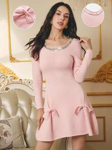 Omancia Vestido de malha com lantejoulas elegantes, gola quadrada, laço, presente de Natal, Ano Novo e Ação de Graças, vestido de festa