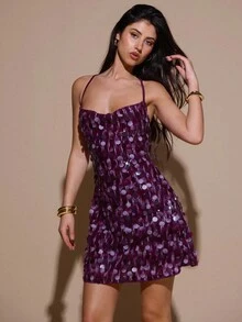 SHEIN BAE 女士优雅露背亮片吊带连衣裙，适合鸡尾酒会、浪漫约会、秋冬分层穿着、派对、正式聚会、万圣节、圣诞节 - 紫色 - 查看 4