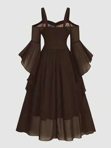 Sweetra Plus Size Printed Patchwork Bustier Tie Strap Flare Sleeve Dress - Brown - View 2